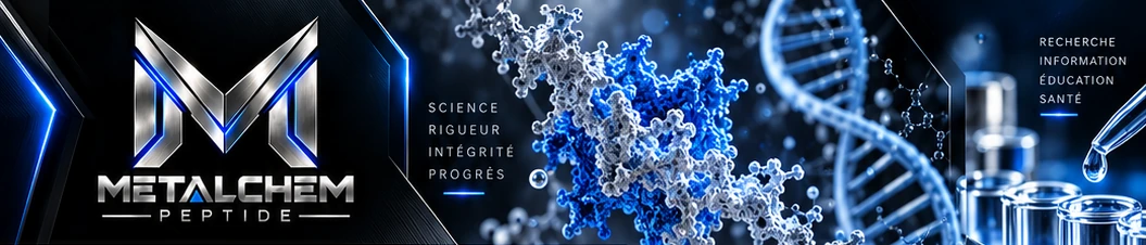 Metalchem Peptide, logo chrome et bleu électrique, molécules, ADN et laboratoire intégrés
